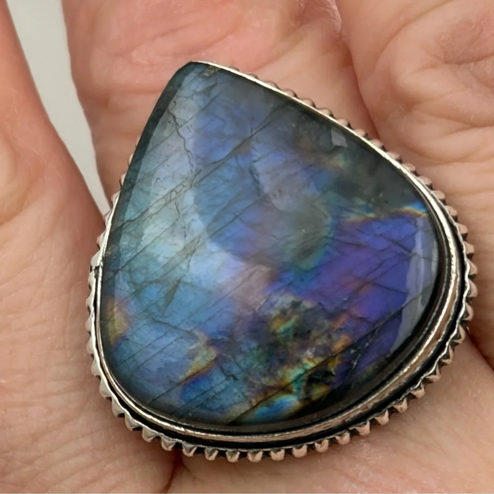 Natural Purple Labradorite Ring Size 8 1/2 8.5 Boho 925 Sterling Silver Overlay